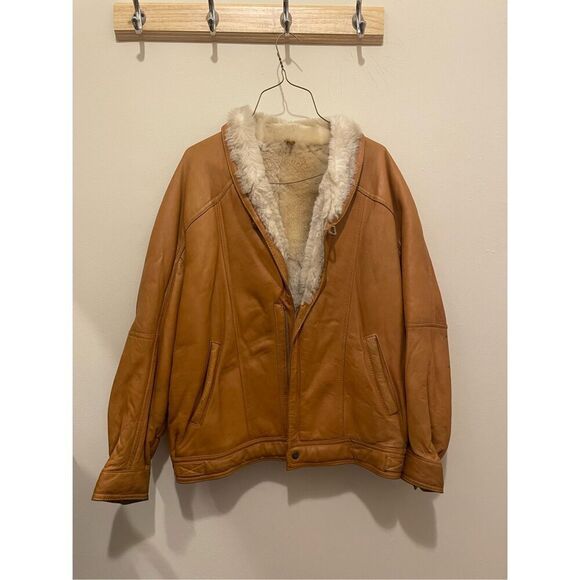 Vintage women golden tan bomber Sherpa lined genuine leather jacket 90s 80s - Picture 1 of 13